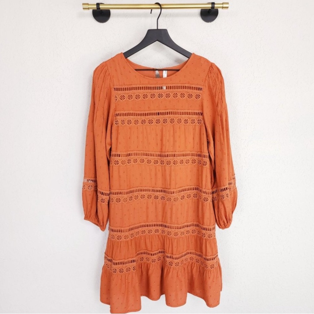 Anthropologie Puff Sleeve Tiered Swiss Dot Mini Dress XS Orange Cottagecore